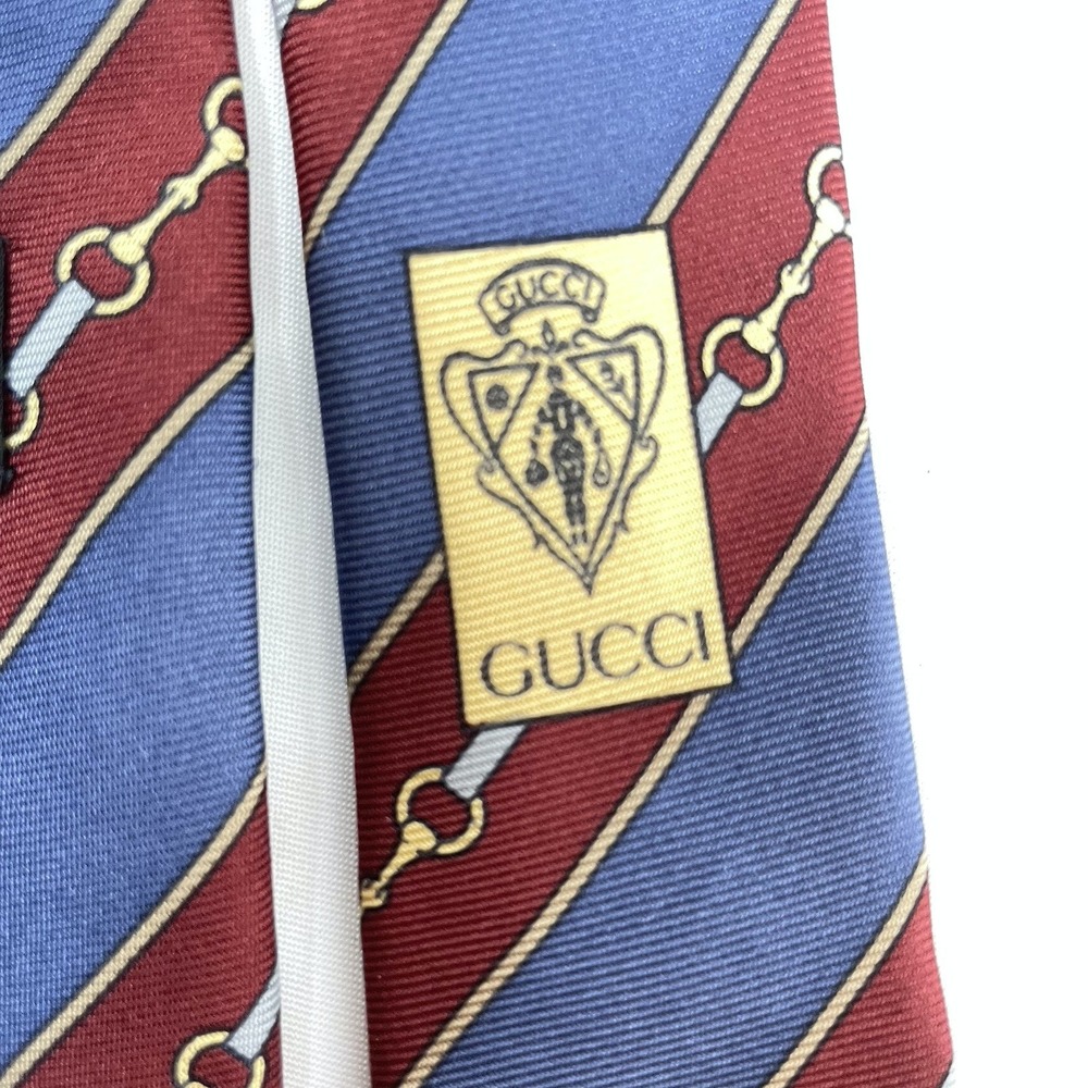 GUCCI 100% Silk Tie Red Blue Diagonal Stripe Gold Silver Chain Horsebit Italy - Picture 8 of 11